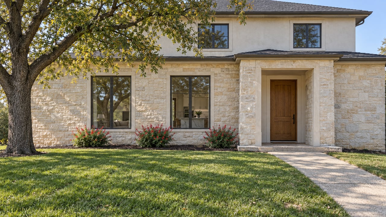 Cream limestone and light stucco home behind a broad lawn, with a mature live oak and a concrete approach to a recessed oak front door.