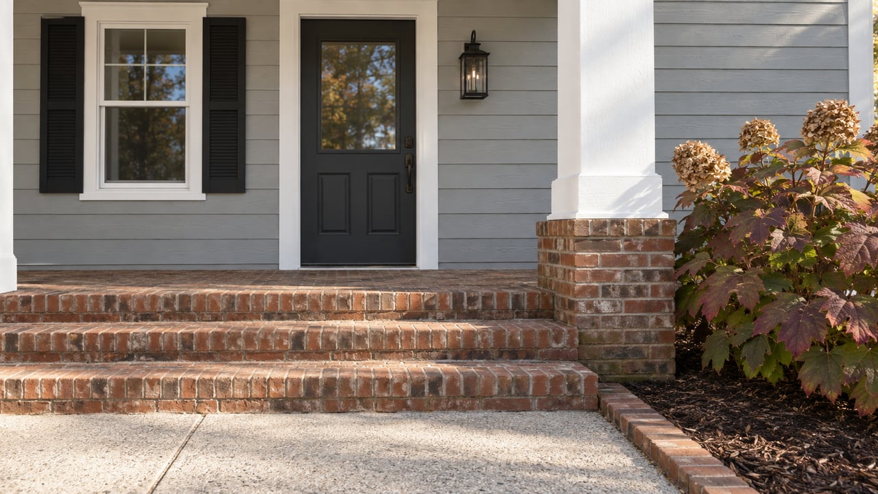 Covered residential entry with gray lap siding, white trim, charcoal door, brick steps, and an oakleaf hydrangea.