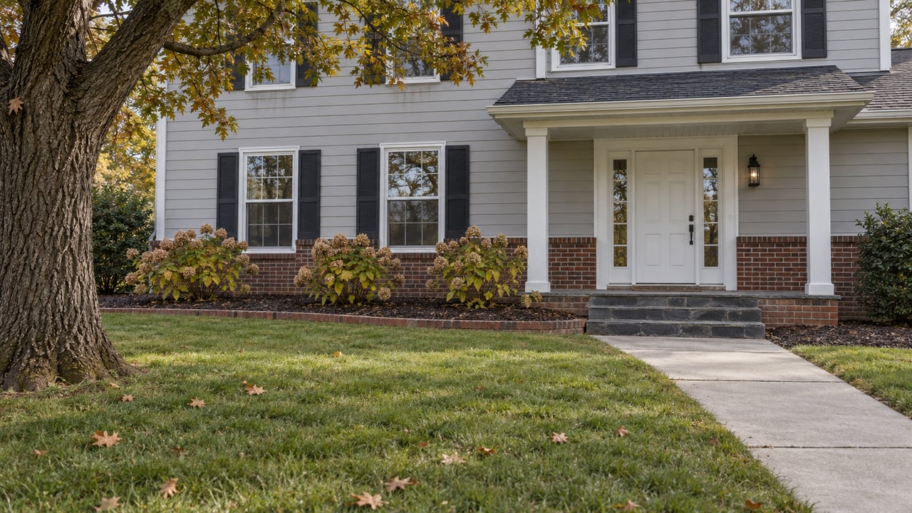 Autumn lawn and concrete approach leading to a light-gray two-story home with a white front door, brick base, and mature bur oak.