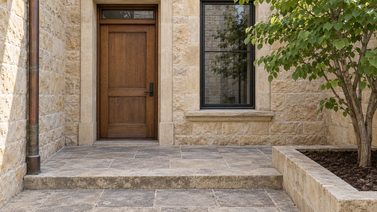 Recessed oak doorway and bronze-framed window in a weathered limestone facade, with a paved entry court and a single redbud tree.