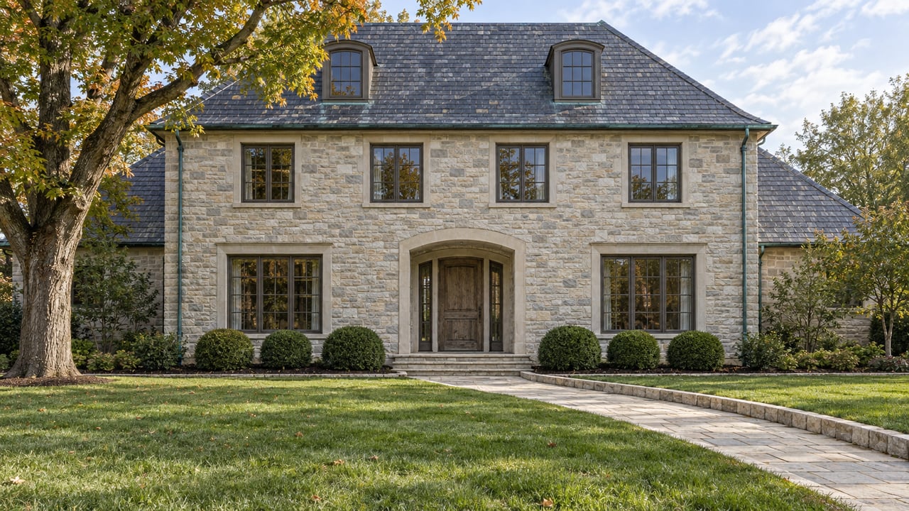 Two-story limestone home with a slate hip roof, bronze-framed windows, an oak entry door and a deep lawn bordered by clipped boxwood.