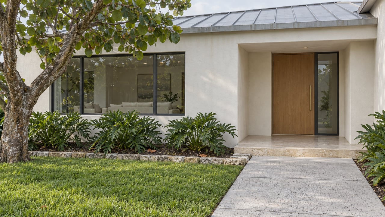 An ivory-stucco home with a sheltered oak entrance, limestone porch and sea-grape tree beside a concrete garden walk.