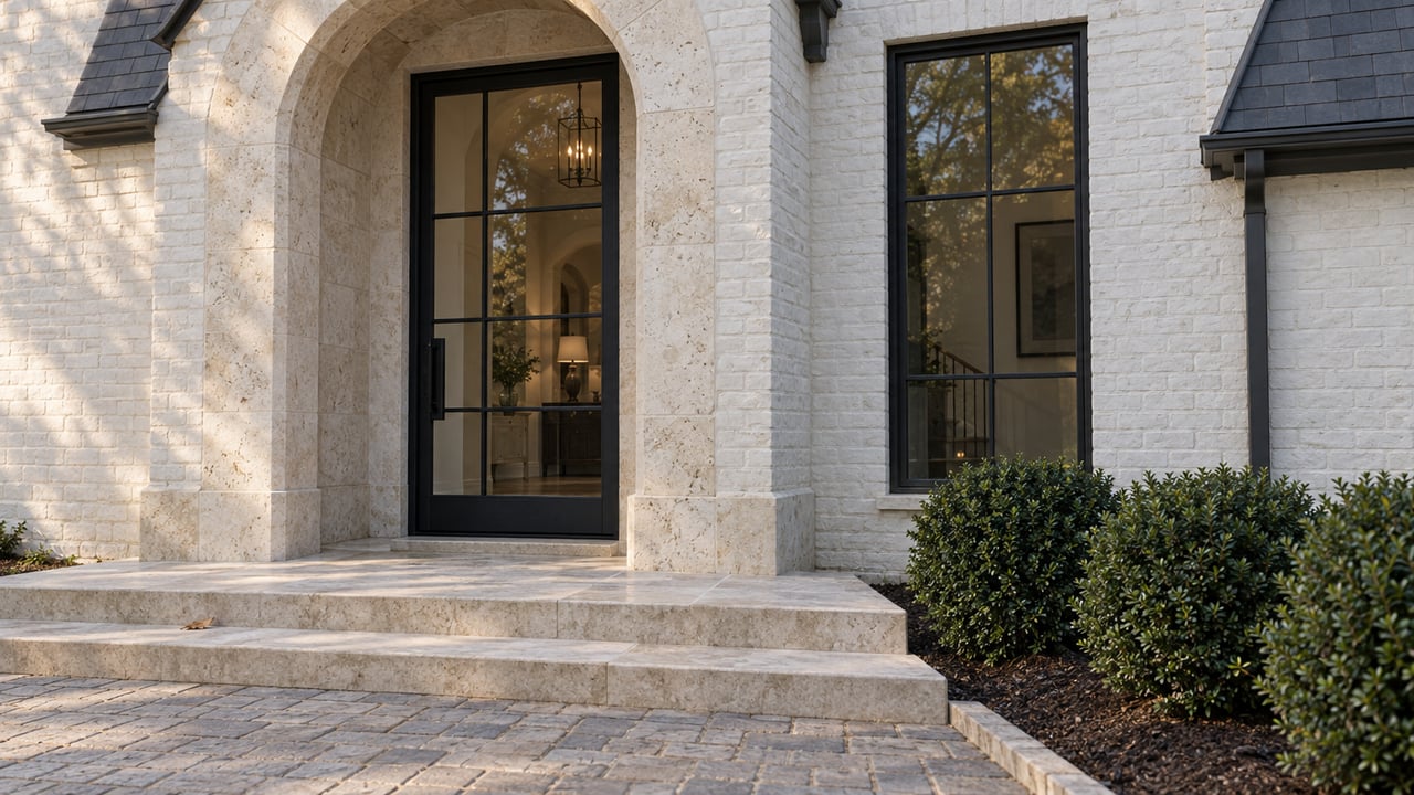 Custom home entry with a black glazed door in a limestone arch, brick wall, and clipped shrubs.