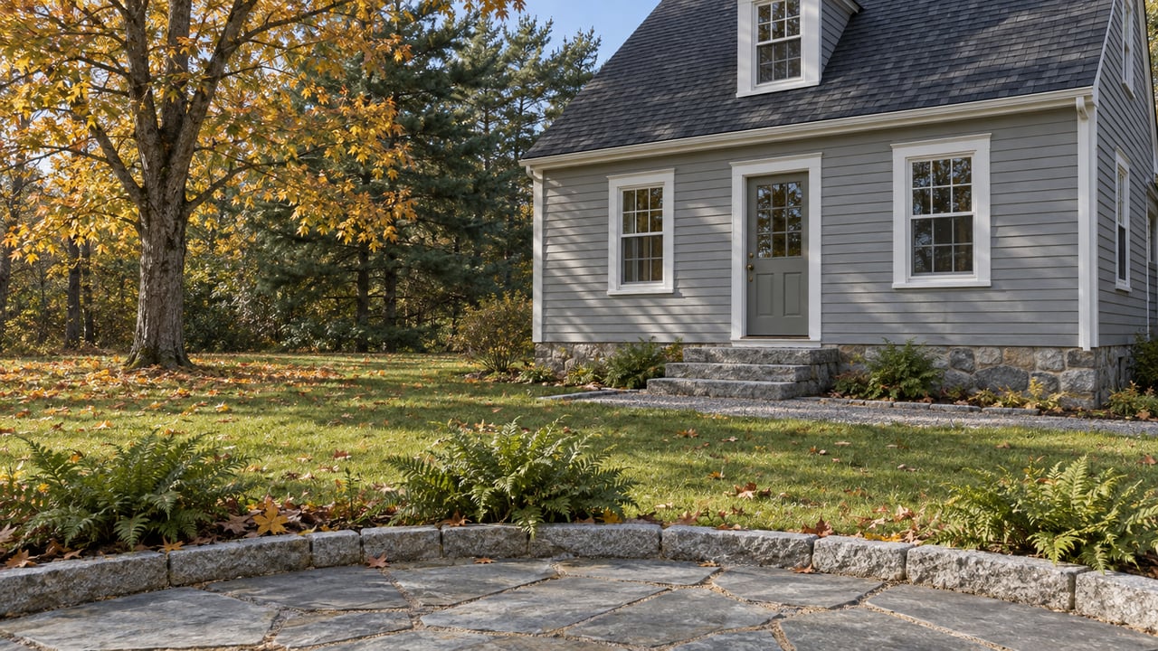 Gray clapboard home with a steep roof and granite steps beyond an autumn lawn, framed by an amber maple and a stone terrace.