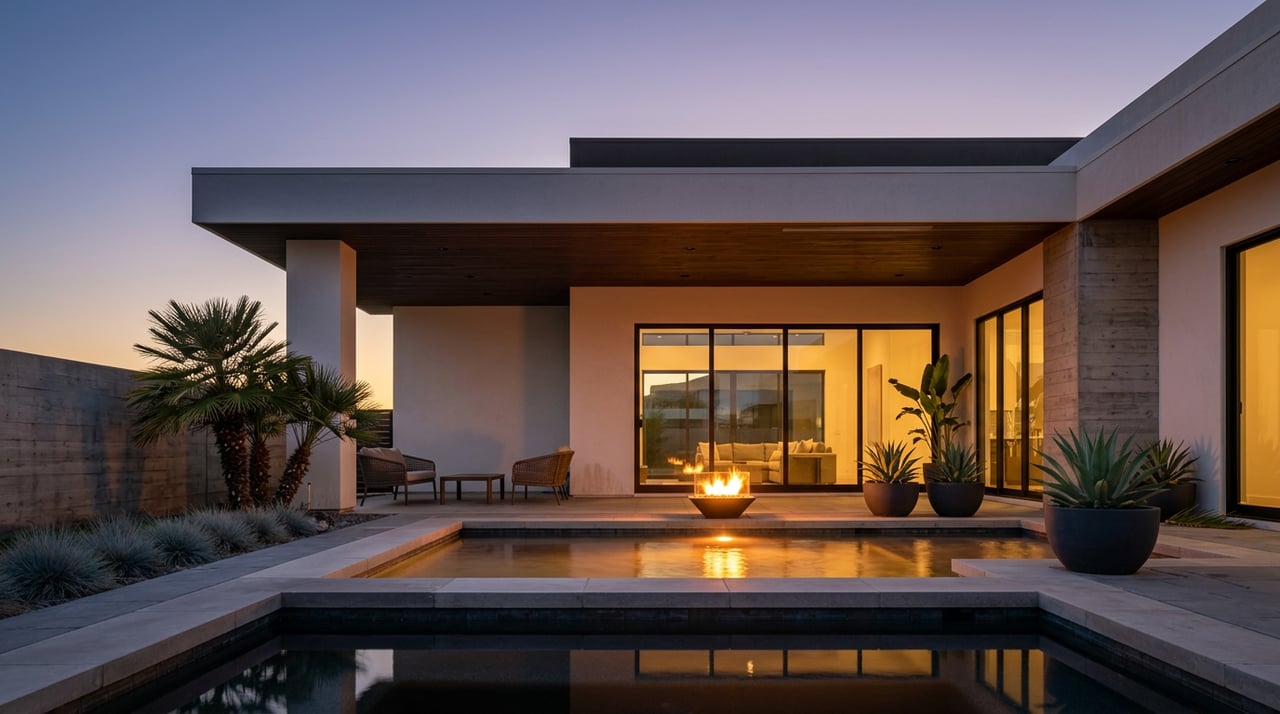 Contemporary home behind a geometric pool, with a glowing glass-walled room and fire bowl reflecting on the water.