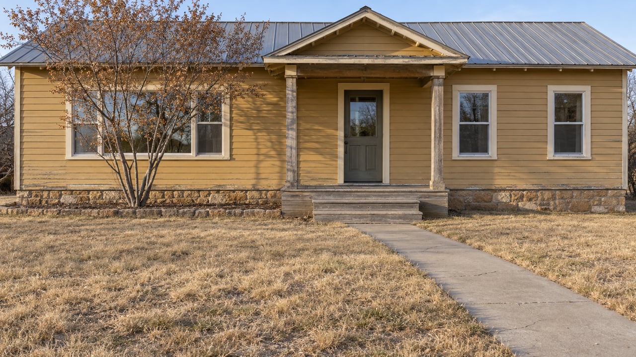 A modest wood-sided home with a metal roof, covered porch and tawny front lawn in clear afternoon light.