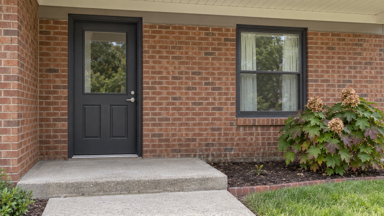 Close view of a brick home's charcoal front door, dark-trimmed window and concrete porch beside an oakleaf hydrangea.