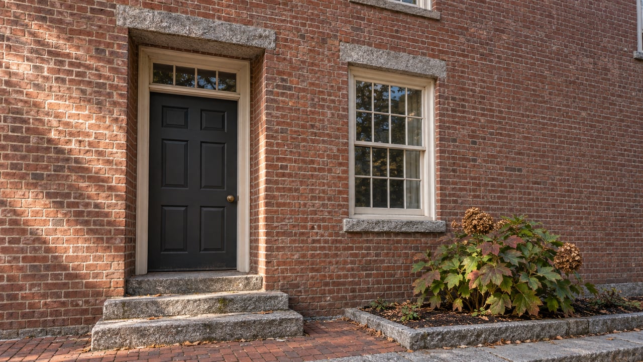 Red-brown brick townhouse facade with a recessed dark door, granite steps, divided-light window, and oakleaf hydrangea.