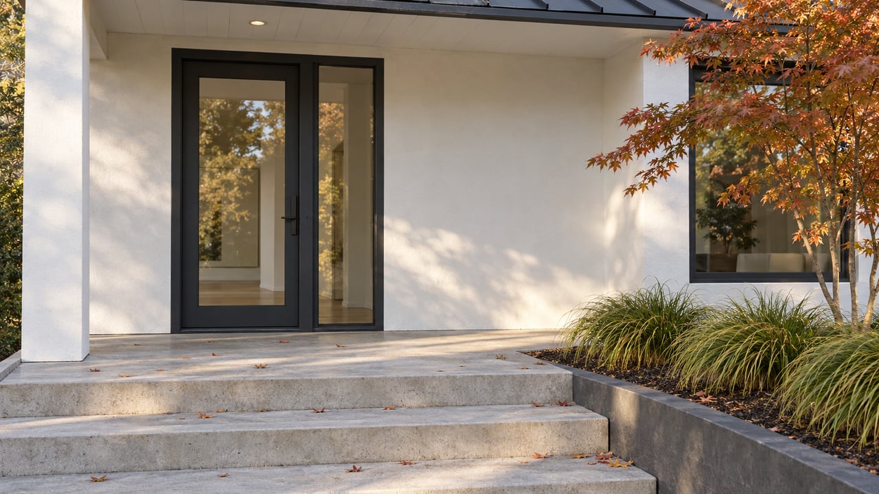 White-plastered home entry with a charcoal-framed glass door, concrete steps, and copper-leaved maple beside the porch.