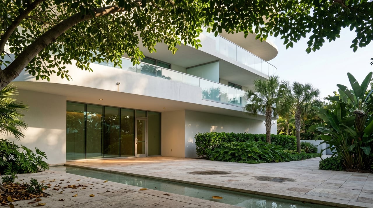 Tower entry courtyard beneath an arching tree canopy, with curved balconies and a water rill.