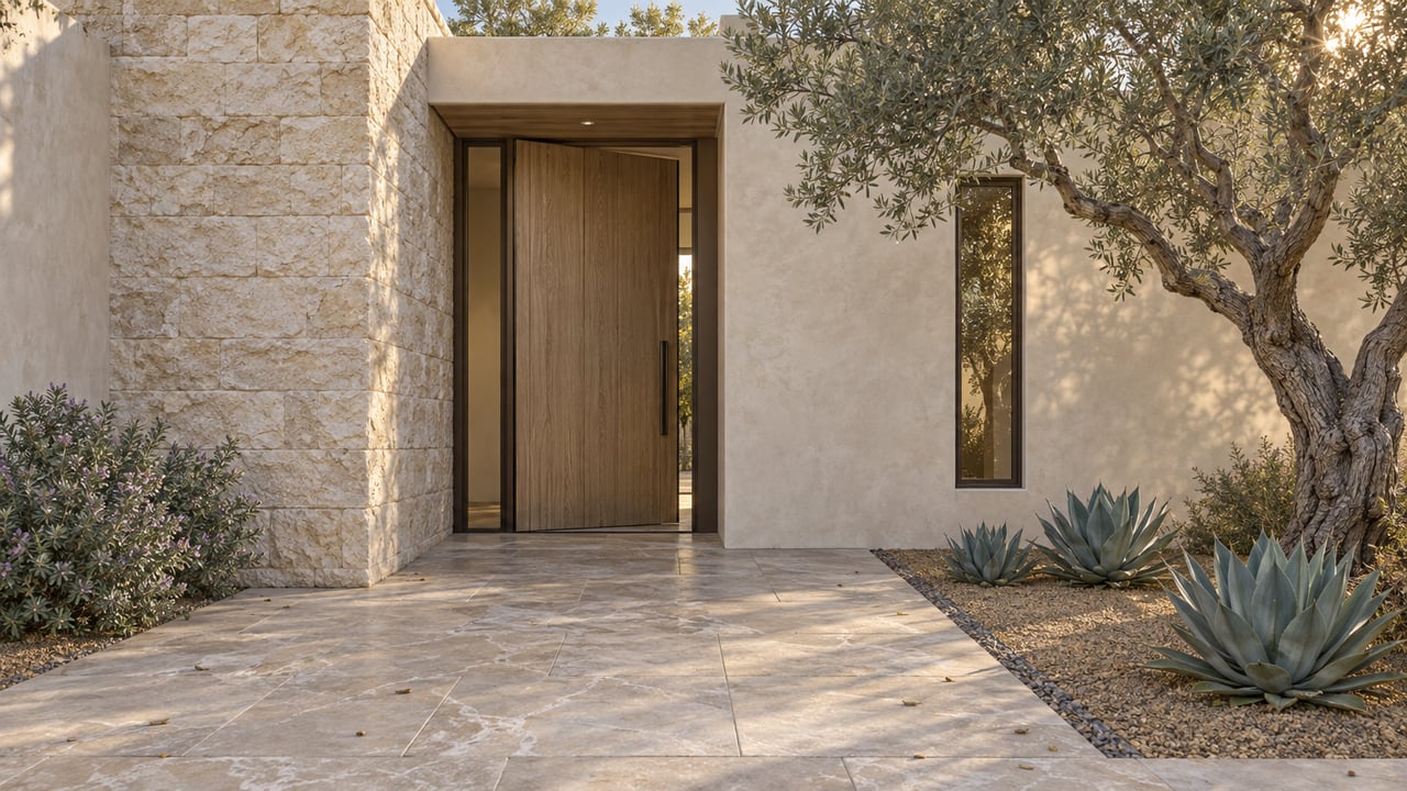 Limestone residential entry with a bronze-framed oak door, sculptural olive tree, and agaves.