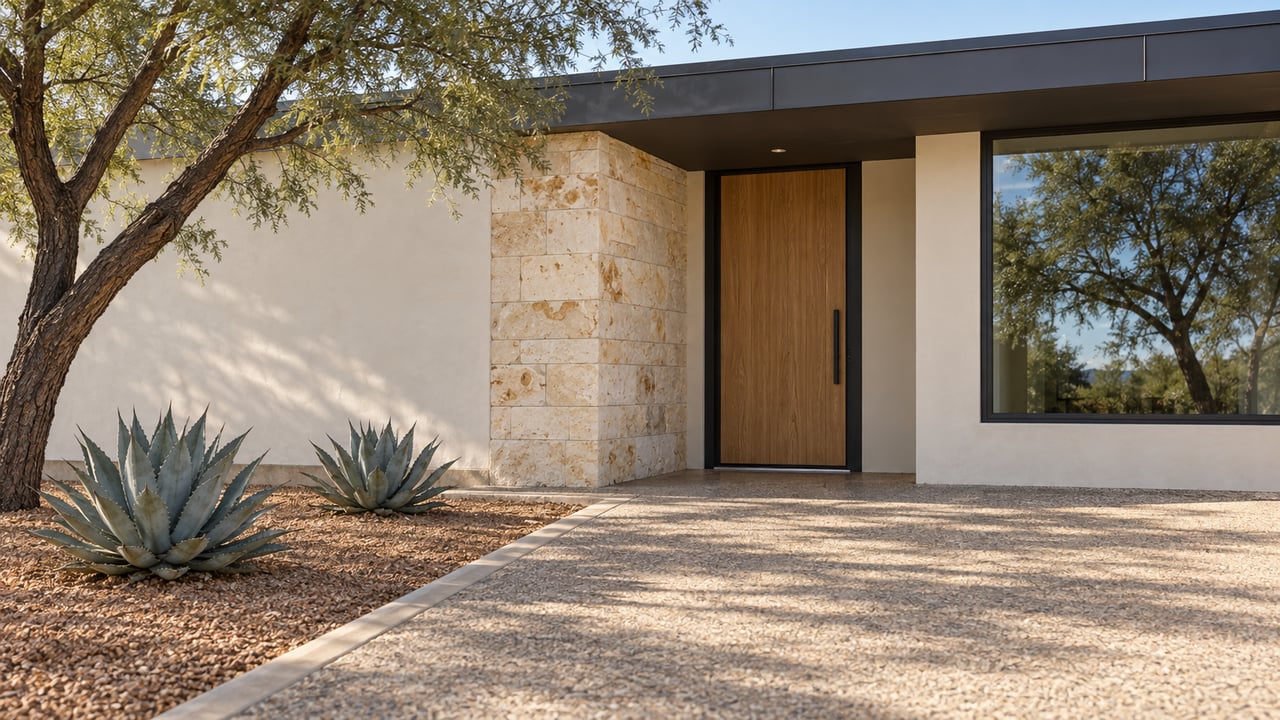 Ivory stucco home entrance with limestone cladding, an oak door, charcoal-framed glass, a mesquite tree and two blue-gray agaves beside a concrete approach.