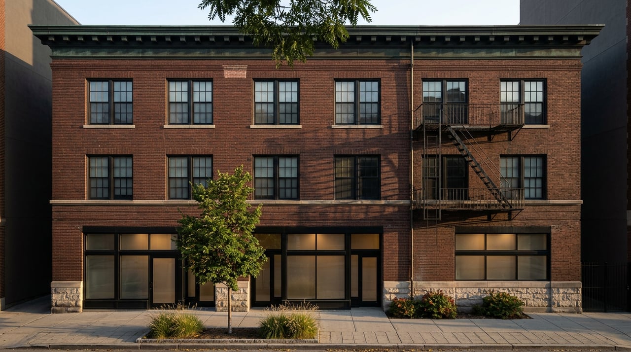 Urban brick facade with black-framed windows, a worn fire escape, and a limestone base.