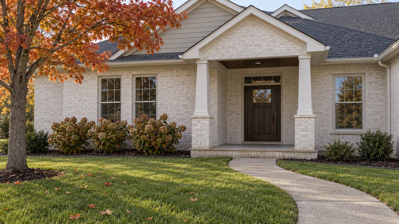 Light painted-brick suburban home with charcoal gables, a covered entry, deep lawn and an orange-red maple.