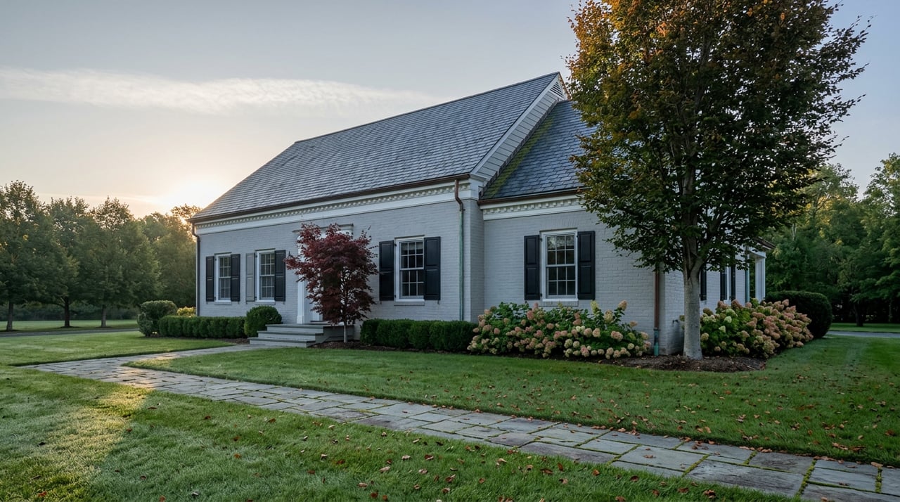 Dove-grey colonial house with black shutters, slate roof, and dew-lit lawn at dawn.
