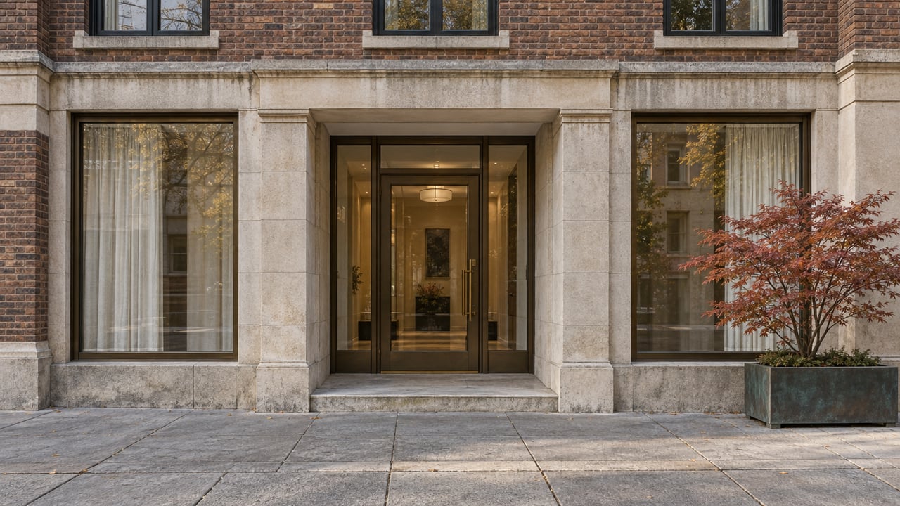 Warm brick residential facade with a limestone entrance, bronze-framed windows and a copper-red Japanese maple in a bronze planter.