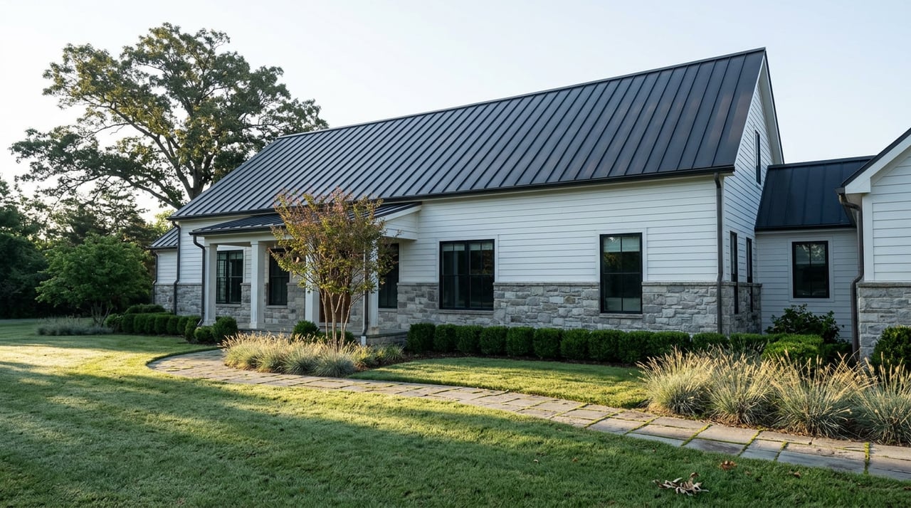 Stone-and-white-sided estate home with a curved flagstone walk, clipped hedges, and a broad oak canopy.