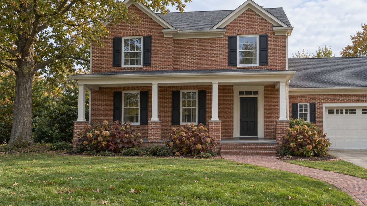 Traditional red brick house with ivory porch trim, black shutters, a deep autumn lawn and a mature oak.