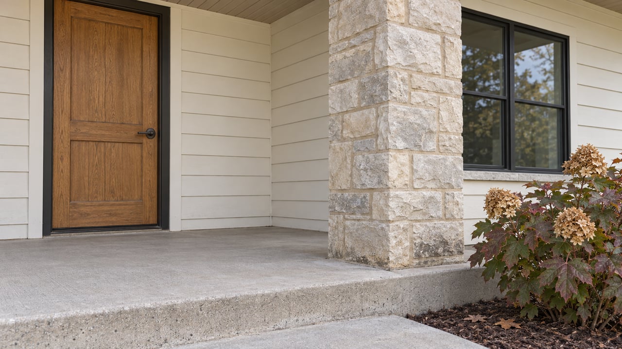Covered residential entry with an oak door, pale siding, limestone pier and autumn oakleaf hydrangea beside a raised concrete landing.