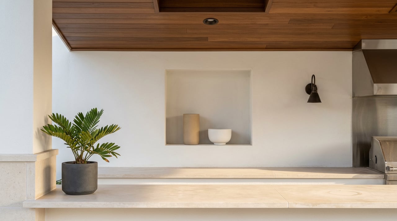 Outdoor kitchen with limestone counter, potted plant, ceramic vessels in a stucco niche, wood ceiling.