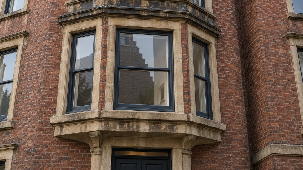 Red-brown brick facade with a three-sided bay of sash windows and a recessed entrance below.