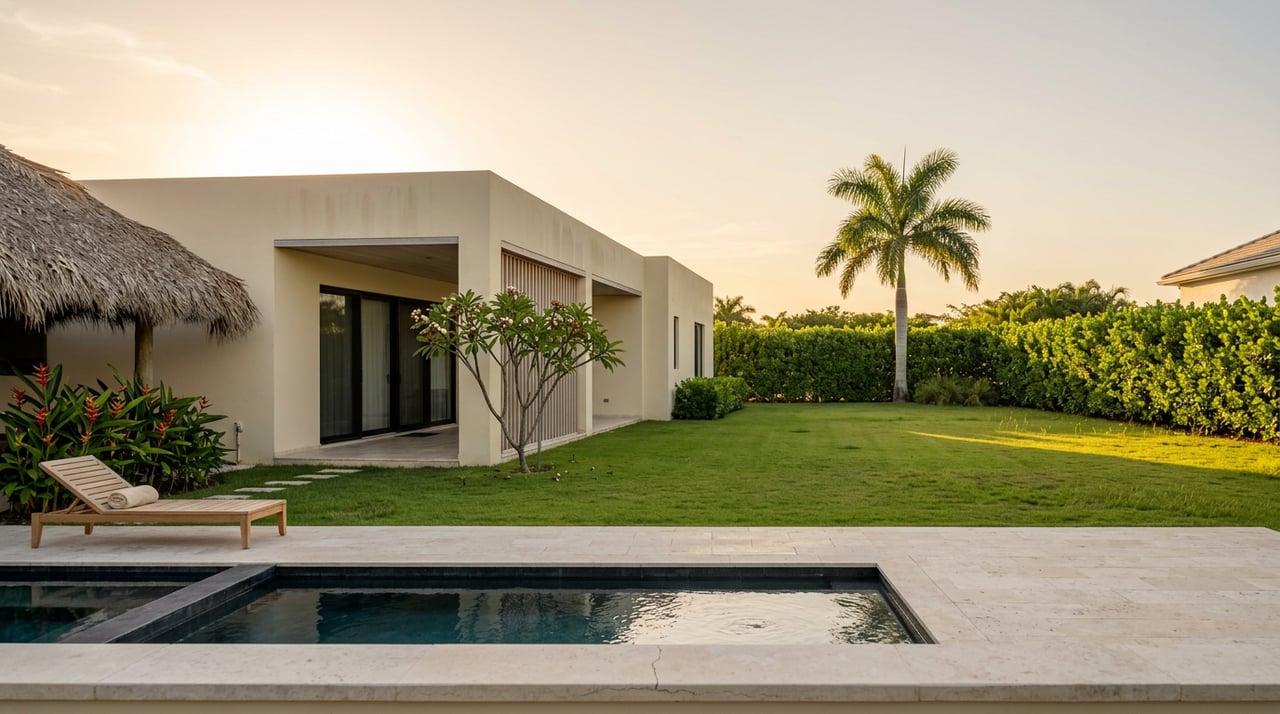 Ivory-stucco home with black sliding doors, a thatched cabana, and a royal palm beyond a pool and lawn.