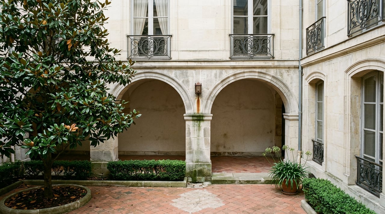 Stone courtyard arcade beneath a magnolia canopy, with iron balconies above and terracotta tiles below.