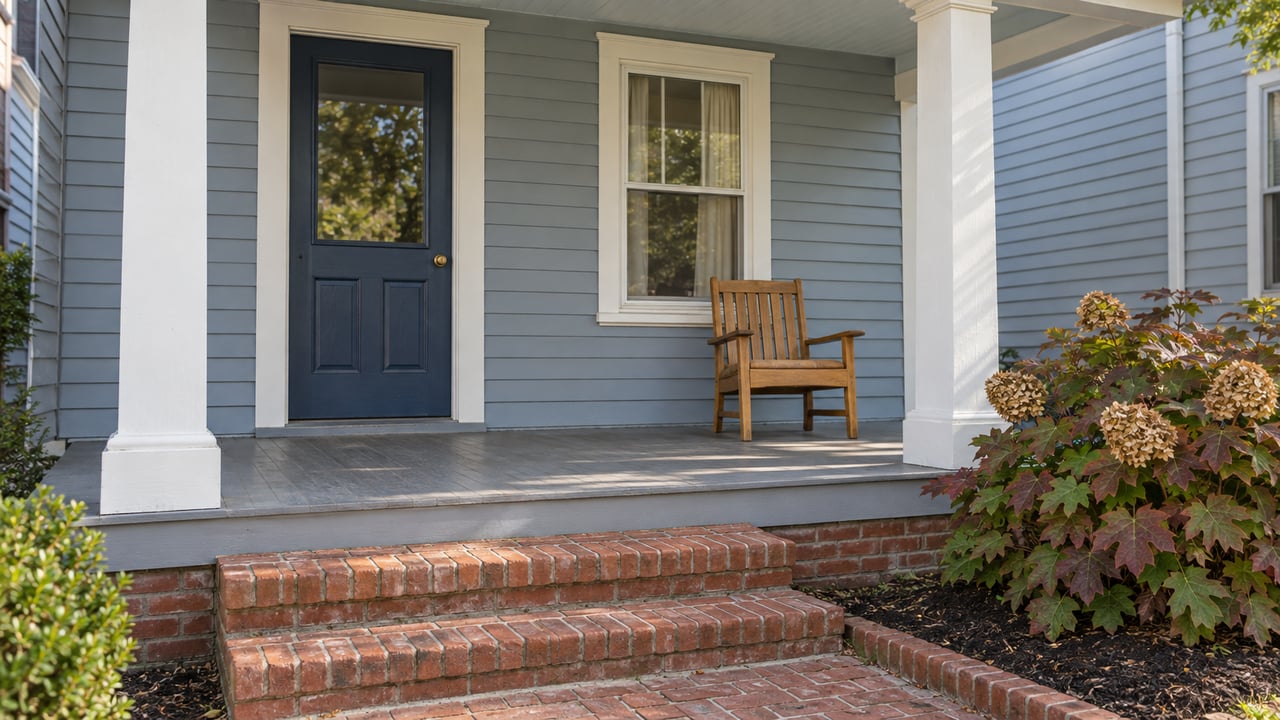 Covered porch with pale blue-gray clapboard, white columns, a dark blue front door, worn brick steps and oakleaf hydrangea.