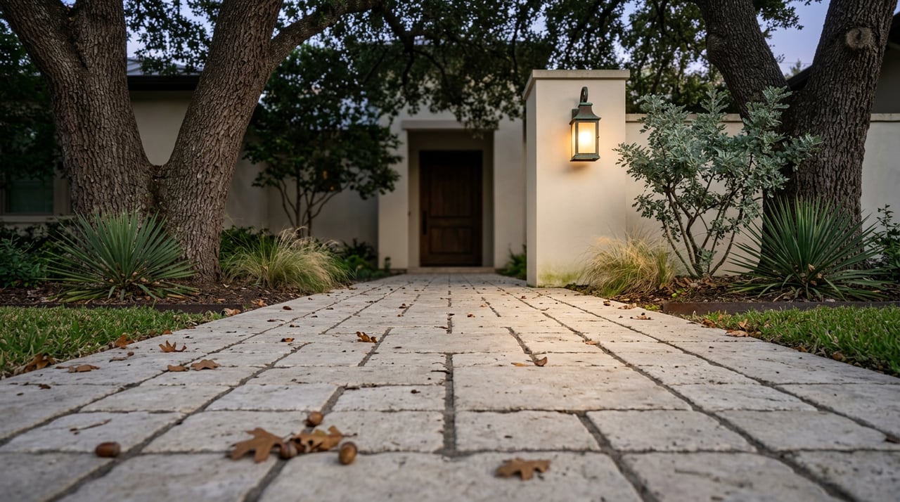 Tumbled stone walkway beneath oak trees, with a glowing bronze lantern on a stucco pier near the shadowed entry.