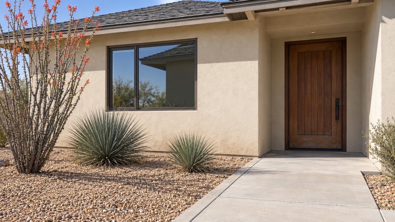 Stucco house entry with a wood door, bronze-framed window, and desert plants in an ochre gravel bed.
