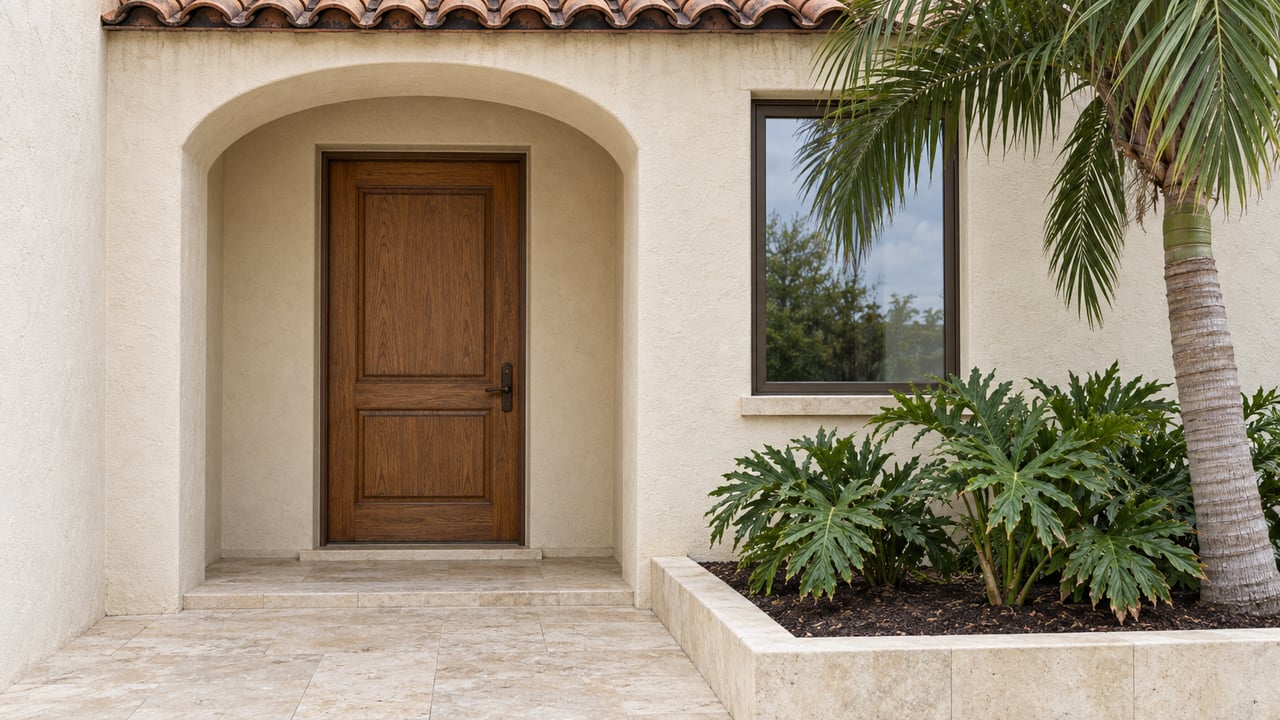 An ivory stucco home entrance with a recessed oak door, clay-tile eave, bronze-framed window and specimen palm beside a limestone approach.
