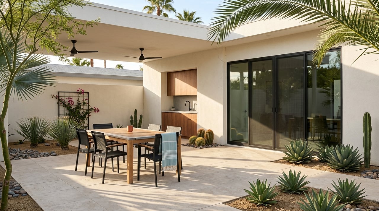 Rear patio dining area and kitchenette framed by a privacy wall at a desert-modern home.