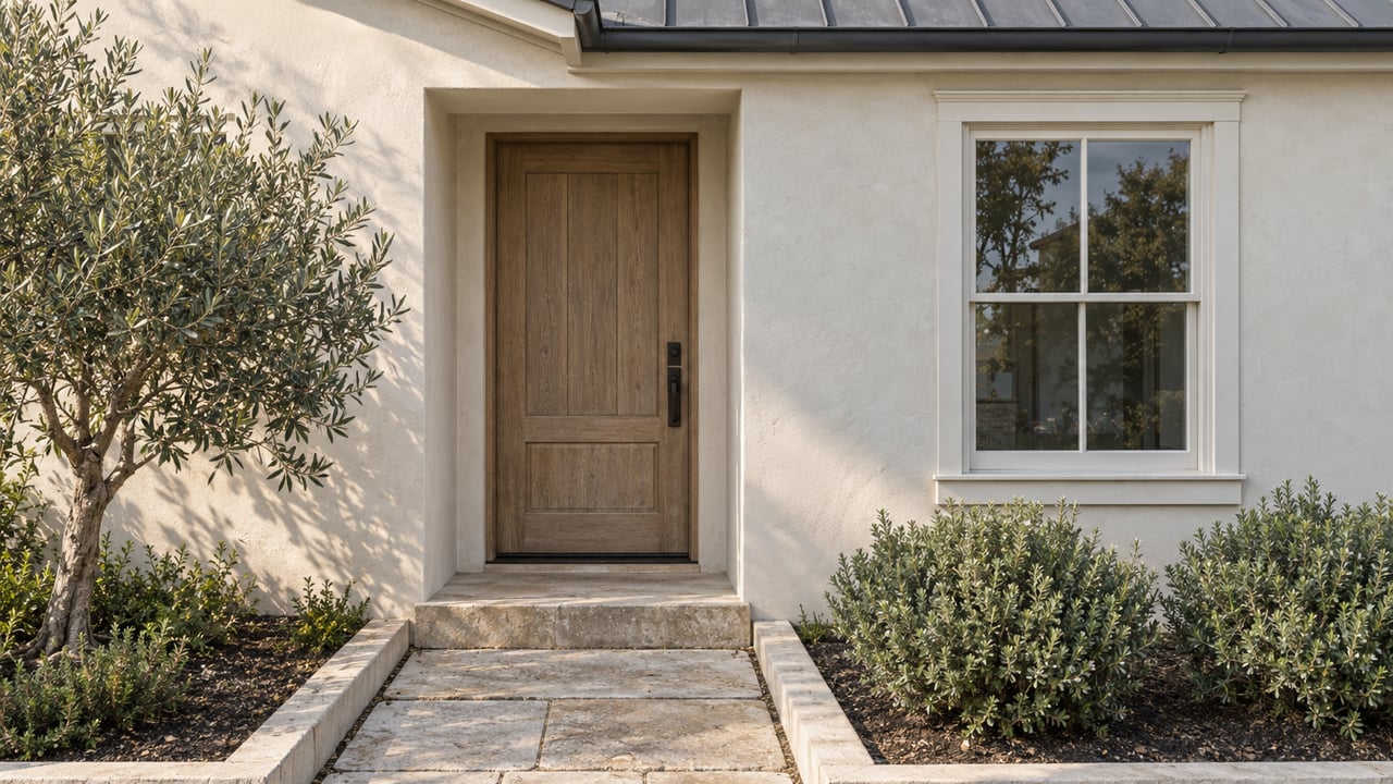 Compact stucco house with a recessed oak door, double-hung window, limestone pavers, and clipped garden plants.