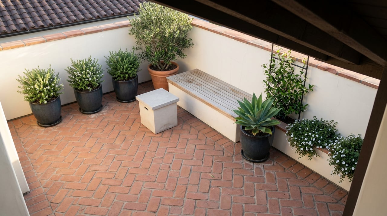 Rooftop terrace with herringbone terracotta pavers, teak bench, potted plants, and a clay-tile roof eave.