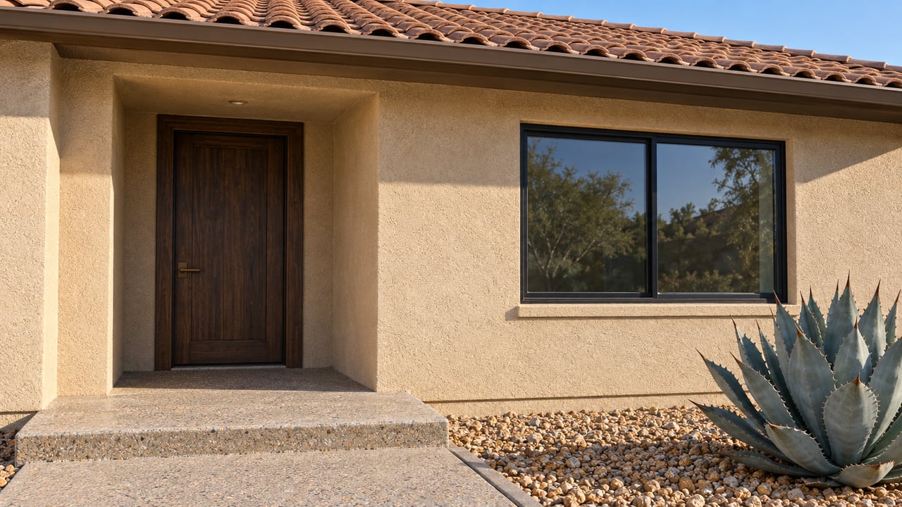 Sunlit sand-colored stucco entry with a dark wood door, concrete roof tiles, black-framed window and blue-gray agave beside a raised concrete landing.