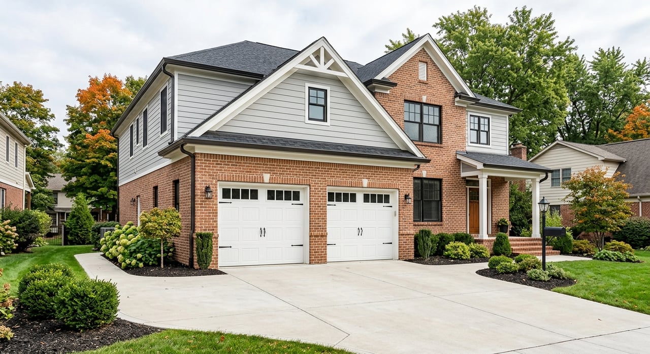 Attached two-car garage beside a concrete driveway, with brick and clapboard siding, lawn, and shrubs.