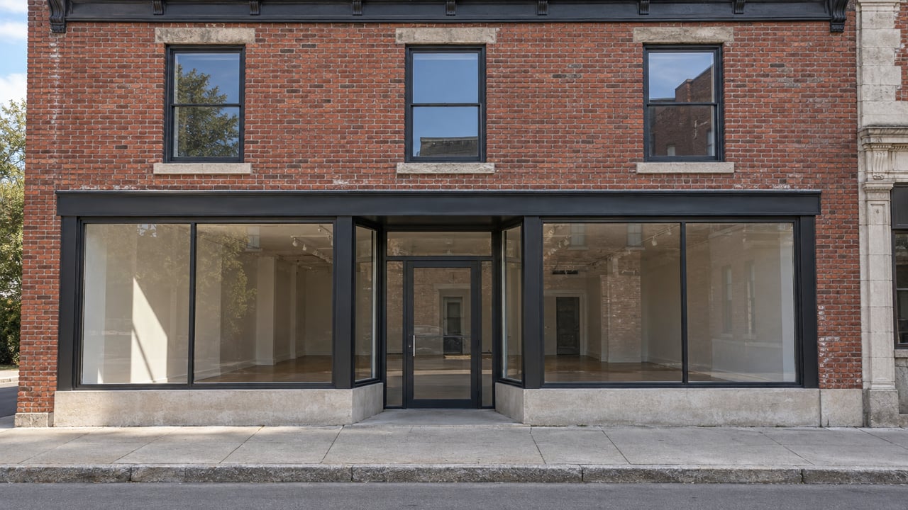 Red-brick storefront with three upper windows, two glazed display bays, and a recessed glass entry.