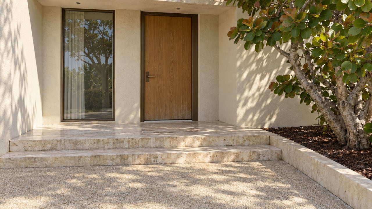 Cream stucco residential entrance with an oak door, bronze-framed window, weathered limestone steps, and a sculptural sea grape tree.