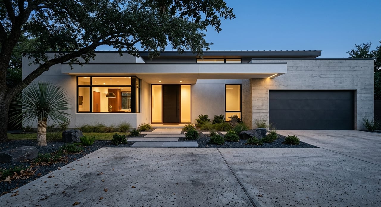 Modern suburban home with a left-side garage, limestone steps, and a warmly lit canopy at twilight.