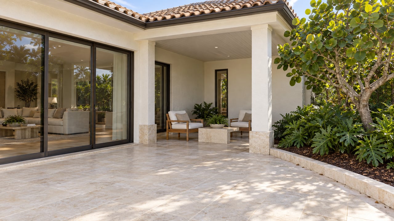 Sunlit limestone terrace beside a white stucco home, with bronze-framed glass doors, weathered teak seating and a sculptural sea grape tree.