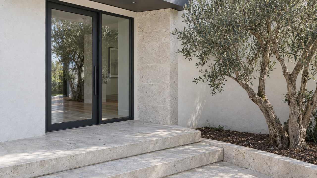 Contemporary home entrance with black-framed glass door, limestone steps, and a pruned olive tree.