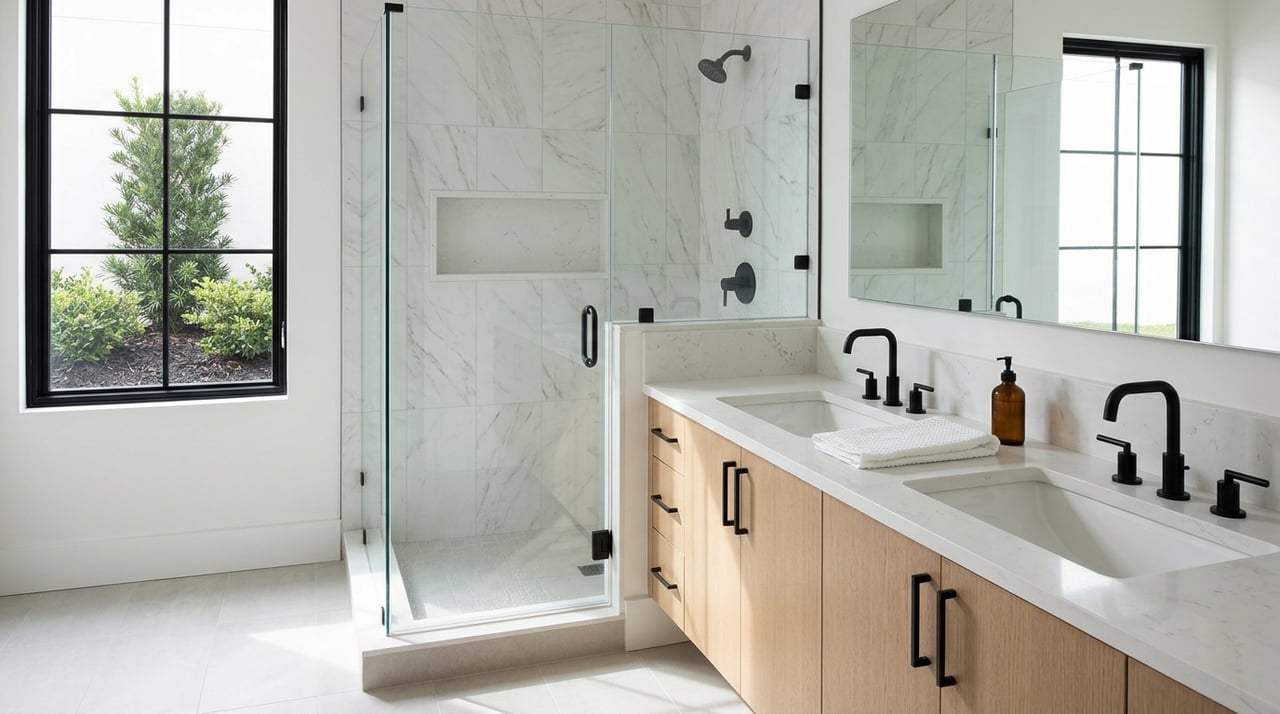 Renovated primary bathroom with a white-oak double vanity, honed quartz countertop, matte-black fixtures, and glass shower.