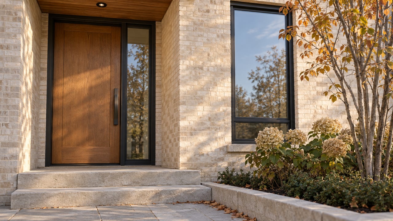Cream brick attached-home entry with an oak door, black-framed sidelight, limestone steps, and amber-leaved tree.