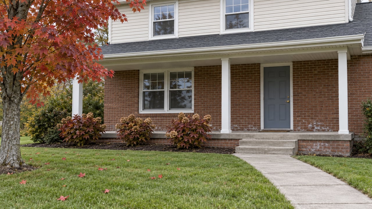 Established brick and ivory-sided home with a covered porch, deep front lawn and red autumn maple leaves.