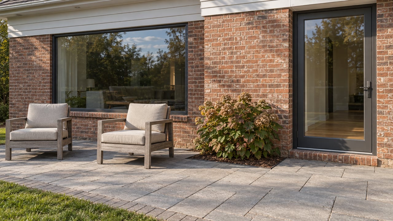 Sunlit brick-and-clapboard home terrace with closed glass doors, weathered teak chairs, gray paving and an oakleaf hydrangea.