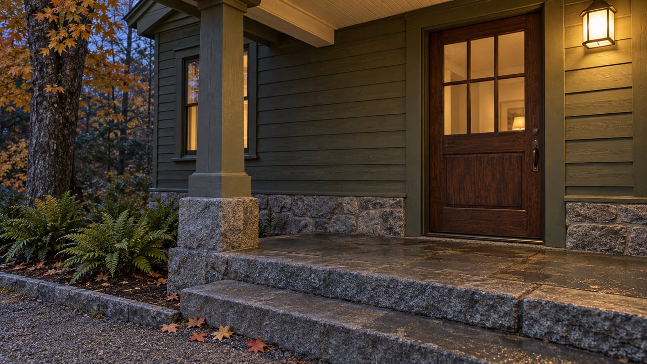 A warm porch lantern illuminates an olive clapboard home's oak entry door, granite foundation and bluestone steps beside autumn maple leaves.