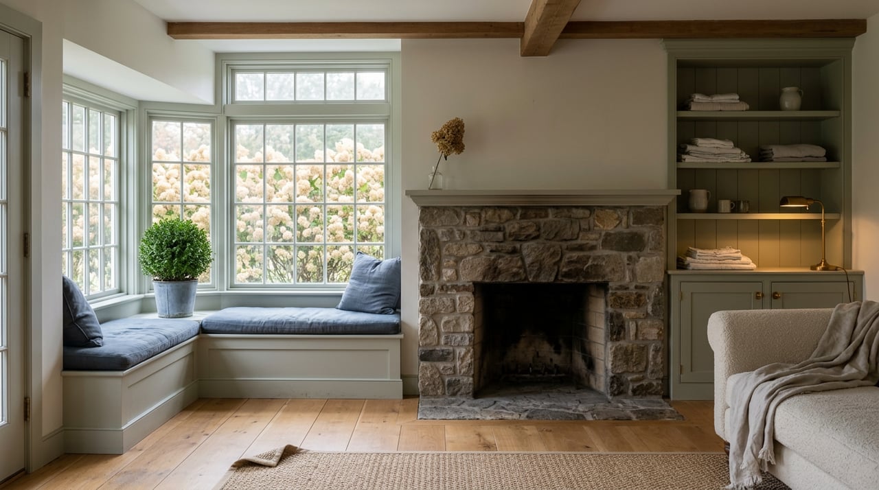 Sitting room with a fieldstone fireplace, sage built-ins, and a bay window seat topped by a boxwood.