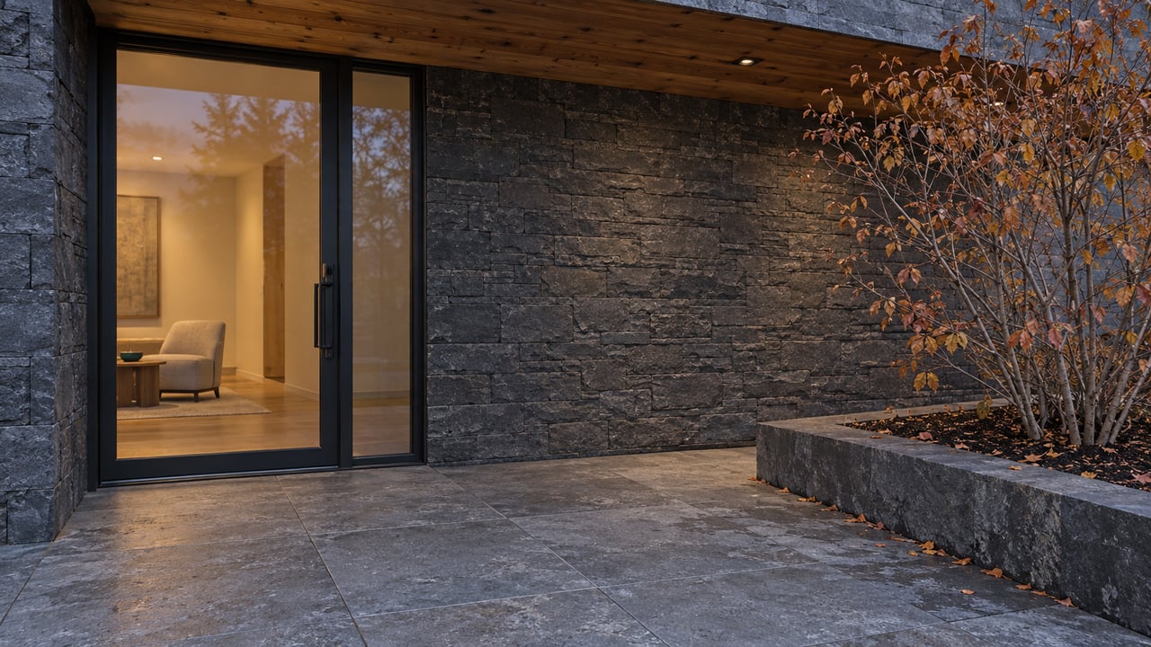 Covered cedar-and-basalt residential entry with closed glazing, gray stone terrace and copper-leaved serviceberry at twilight.