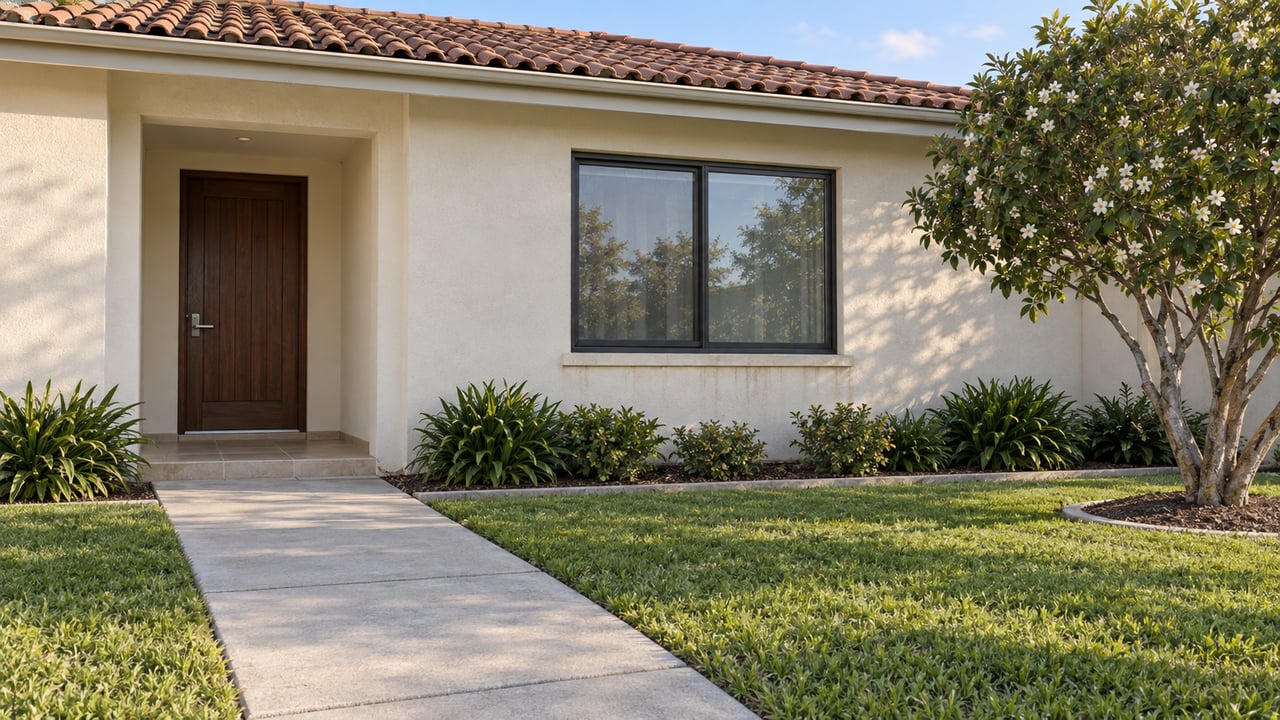 Cream stucco home with a terracotta tile roof, dark entry door, broad window and white-flowering tree beside a concrete walk.