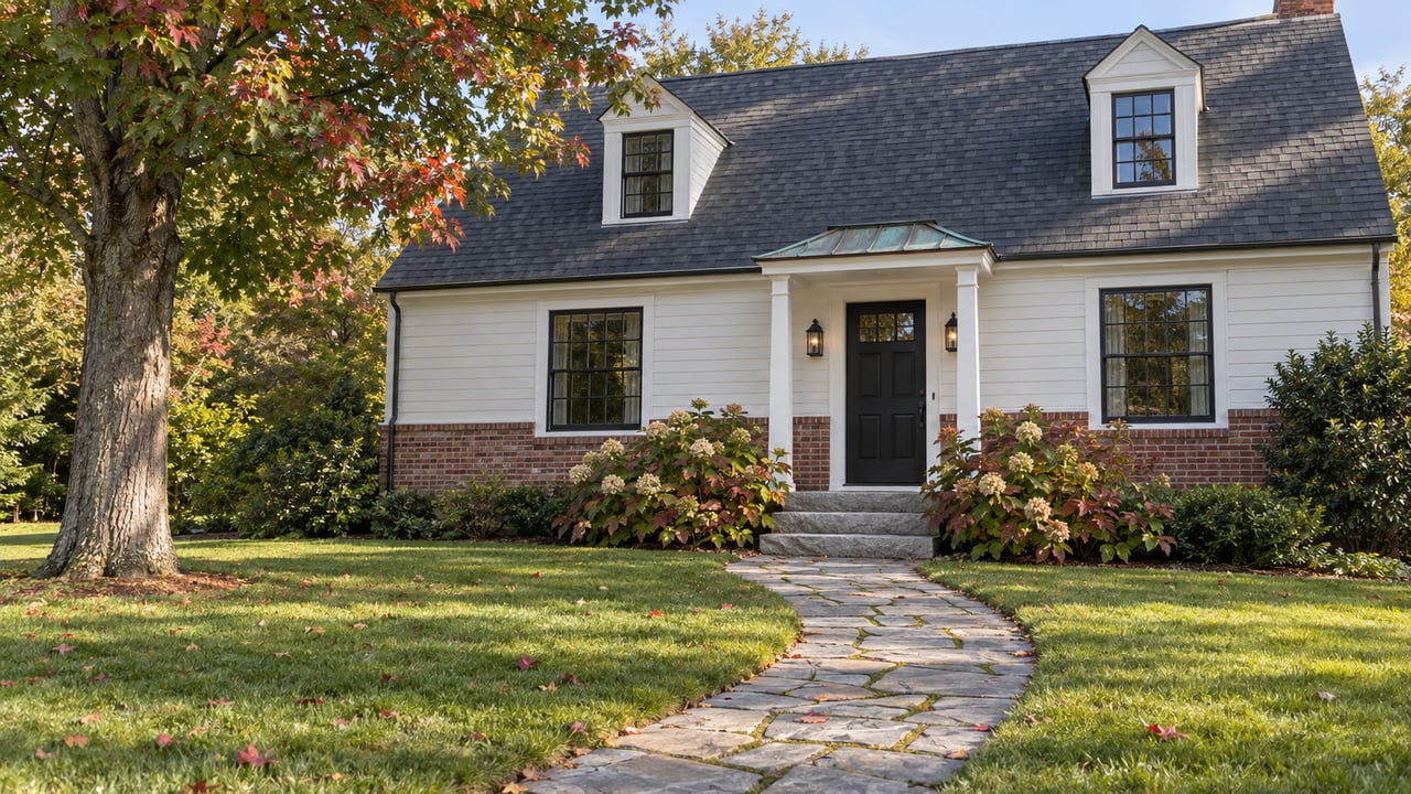 Renovated Cape with red brick and white clapboards, reached by a curving fieldstone walk and granite steps.